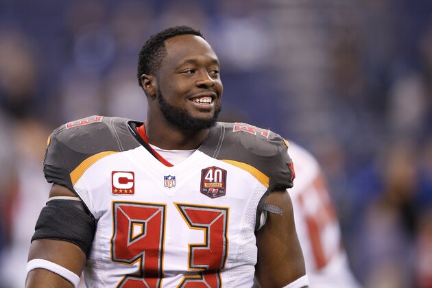 INDIANAPOLIS, IN - NOVEMBER 29: Gerald McCoy #93 of the Tampa Bay Buccaneers looks on against the Indianapolis Colts during the game at Lucas Oil Stadium on November 29, 2015 in Indianapolis, Indiana. The Colts defeated the Bucs 25-12. (Photo by Joe Robbins/Getty Images)