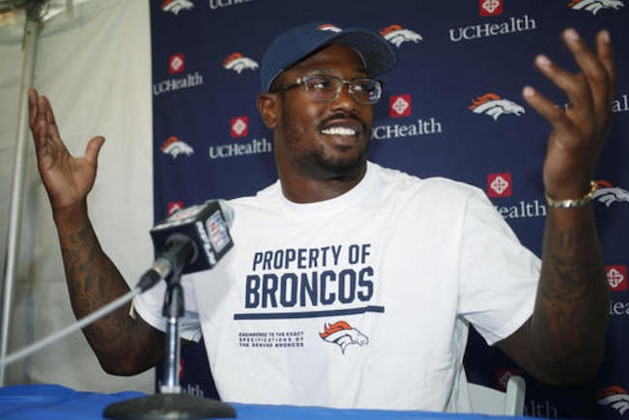 Denver Broncos outside linebacker Von Miller responds to a question during news conference before the team's opening of training camp Wednesday, July 27, 2016 in Englewood, Colo. (AP Photo/David Zalubowski)