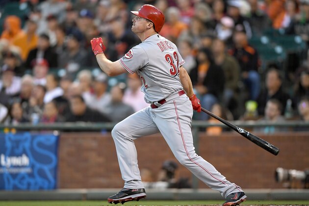 SAN FRANCISCO, CA - JULY 25:  Jay Bruce #32 of the Cincinnati Reds swings and watches the flight of his ball as he hits a two-run homer against the San Francisco Giants in the top of the fourth inning at AT&T Park on July 25, 2016 in San Francisco, California.  (Photo by Thearon W. Henderson/Getty Images)
