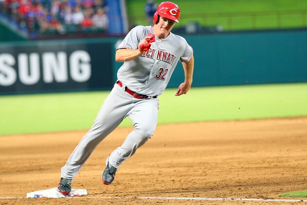 ARLINGTON, TX - JUNE 22: Jay Bruce #32 of the Cincinnati Reds runs in the score in the sixth inning against the Texas Rangers at Globe Life Park in Arlington on June 22, 2016 in Arlington, Texas. (Photo by Rick Yeatts/Getty Images)