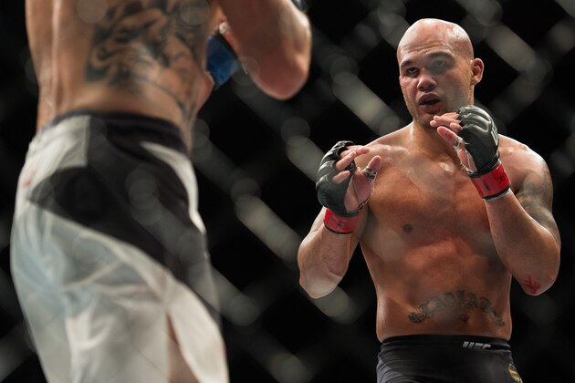 LAS VEGAS, NV - JANUARY 02:  (R-L) Robbie Lawler circles Carlos Condit in their welterweight championship fight during the UFC 195 event inside MGM Grand Garden Arena on January 2, 2016 in Las Vegas, Nevada.  (Photo by Brandon Magnus/Zuffa LLC/Zuffa LLC via Getty Images)
