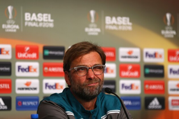 BASEL, SWITZERLAND - MAY 18:  In this handout image provided by UEFA, Jurgen Klopp, manager of Liverpool attends a press conference after the UEFA Europa League Final match between Liverpool and Sevilla at St. Jakob-Park on May 18, 2016 in Basel, Switzerland. Sevilla won 3-1.  (Photo by Handout/UEFA via Getty Images)