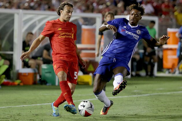 PASADENA, CA - JULY 27:  Lazar Markovic #50 of Liverpool is challenged by Nathaniel Chalobah #29 of Chelsea in the second half during the 2016 International Champions Cup at Rose Bowl on July 27, 2016 in Pasadena, California. Chelsea defeated Liverpool 1-0.  (Photo by Jeff Gross/Getty Images)