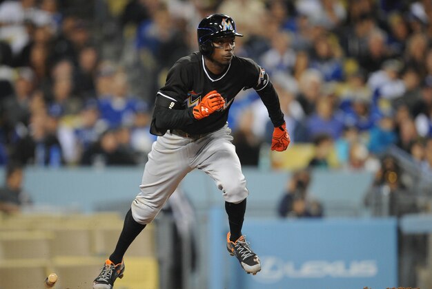 April 28, 2016; Los Angeles, CA, USA; Miami Marlins second baseman Dee Gordon (9) against the Los Angeles Dodgers at Dodger Stadium. Mandatory Credit: Gary A. Vasquez-USA TODAY Sports