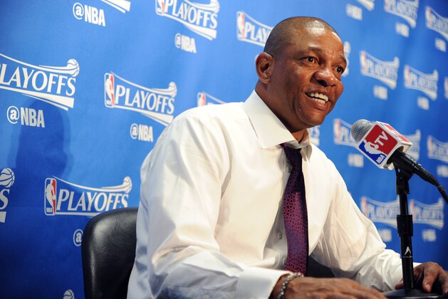 LOS ANGELES, CA - APRIL 27:  Doc Rivers of the Los Angeles Clippers speaks to the media at a press conference after Game Five of the Western Conference Quarterfinals against the Portland Trail Blazers during the 2016 NBA Playoffs at STAPLES Center on April 27, 2016 in Los Angeles, California. NOTE TO USER: User expressly acknowledges and agrees that, by downloading and/or using this Photograph, user is consenting to the terms and conditions of the Getty Images License Agreement. Mandatory Copyright Notice: Copyright 2016 NBAE (Photo by Andrew D. Bernstein/NBAE via Getty Images)