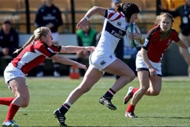 FILE - In this Feb. 15, 2014, file photo, United States' Jillion Potter, center, gets by Canada's Kayla Moleschi, left, and Karen Paquin, for a long run in their women's Sevens World Series rugby game at Kennesaw State University in Kennesaw, Ga. From the domestic abuse crisis in the NFL to all the shenanigans in college football, it has been hard to find anyone worth cheering for. Well, here's an athlete who could use your support _ U.S. rugby player Jillion Potter, whose Olympic dreams are on hold while she battles a rare form of cancer.  (AP Photo/Jason Getz, File)