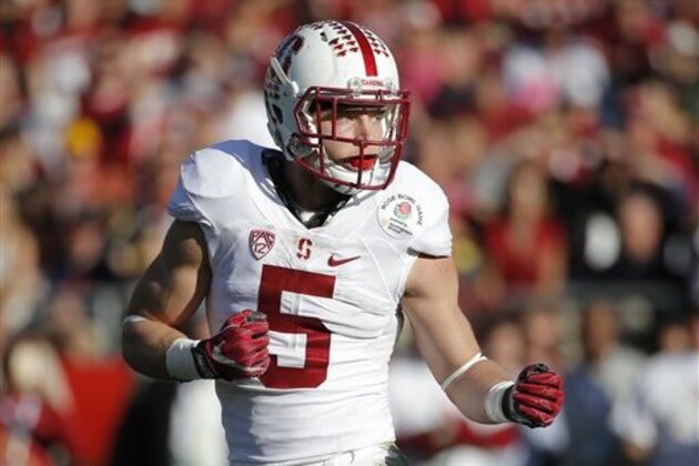Stanford running back Christian McCaffrey plays against Iowa during the first half of the Rose Bowl NCAA college football game, Friday, Jan. 1, 2016, in Pasadena, Calif. (AP Photo/Jae C. Hong)