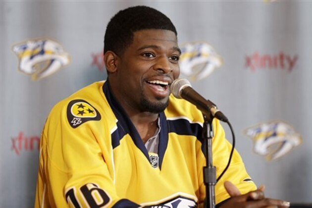 Nashville Predators defenseman P.K. Subban speaks at a news conference Monday, July 18, 2016, in Nashville, Tenn. Subban was acquired from the Montreal Canadiens in a trade for defenseman Shea Weber in June. (AP Photo/Mark Humphrey)
