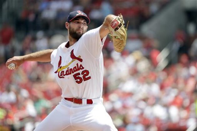 St. Louis Cardinals starting pitcher Michael Wacha throws during the first inning of a baseball game against the Miami Marlins, Sunday, July 17, 2016, in St. Louis. (AP Photo/Jeff Roberson)