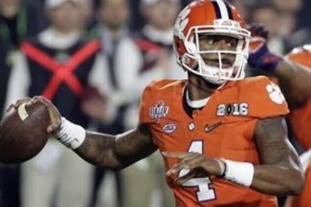 Clemson's Deshaun Watson (4) throws during the first half of the NCAA college football playoff championship game against Alabama, Monday, Jan. 11, 2016, in Glendale, Ariz. (AP Photo/Chris Carlson)