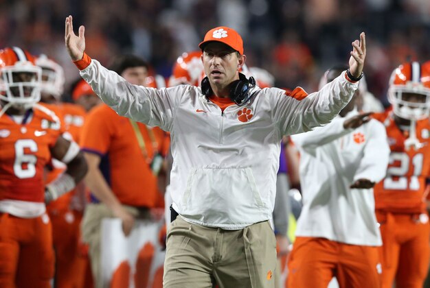 Jan 11, 2016; Glendale, AZ, USA; Clemson Tigers head coach Dabo Swinney reacts on the sideline during the fourth quarter against the Alabama Crimson Tide in the 2016 CFP National Championship at University of Phoenix Stadium. Mandatory Credit: Matthew Emmons-USA TODAY Sports