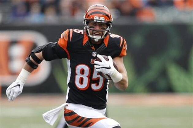FILE - In this Nov. 29, 2015, file photo, Cincinnati Bengals tight end Tyler Eifert (85) runs the ball in the first half of an NFL football game against the St. Louis Rams in Cincinnati. Eifert had surgery on his left ankle this summer and is expected to miss most of training camp and perhaps a few games early in the season. He had one of the best seasons in club history, catching 52 passes for 615 yards and 13 touchdowns, a club record for a tight end. (AP Photo/Frank Victores, File)