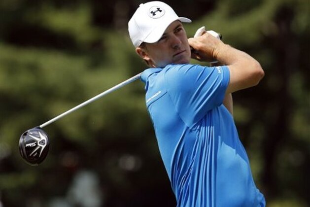 Jordan Spieth watches his tee shot on the 17th hole during the second round of the PGA Championship golf tournament at Baltusrol Golf Club in Springfield, N.J., Friday, July 29, 2016. (AP Photo/Mike Groll)