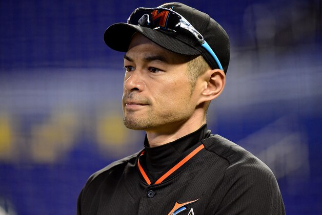 Jul 26, 2016; Miami, FL, USA; Miami Marlins right fielder Ichiro Suzuki (51) stretches before a game against the Philadelphia Phillies at Marlins Park. Mandatory Credit: Steve Mitchell-USA TODAY Sports