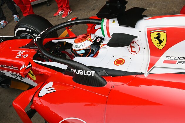 MONTMELO, SPAIN - MARCH 03:  Kimi Raikkonen of Finland and Ferrari returns to the garage after testing the new halo head protection system during day three of F1 winter testing at Circuit de Catalunya on March 3, 2016 in Montmelo, Spain.  (Photo by Getty Images/Getty Images)