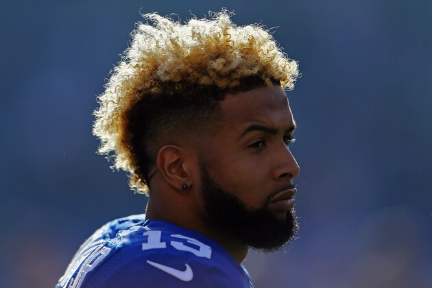 EAST RUTHERFORD, NJ - DECEMBER 06:  Odell Beckham Jr. #13 of the New York Giants stands at attention during the National Anthem before playing against the New York Jets at MetLife Stadium on December 6, 2015 in East Rutherford, New Jersey.  (Photo by Michael Heiman/Getty Images)