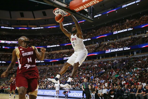 CHICAGO, IL - JULY 29:  DeAndre Jordan #6 of the USA Basketball Men's National Team dunks against Venezuela on July 29, 2016 at the United Center in Chicago, Illinois. NOTE TO USER: User expressly acknowledges and agrees that, by downloading and or using this Photograph, user is consenting to the terms and conditions of the Getty Images License Agreement. Mandatory Copyright Notice: Copyright 2016 NBAE (Photo by Jeff Haynes/NBAE via Getty Images)