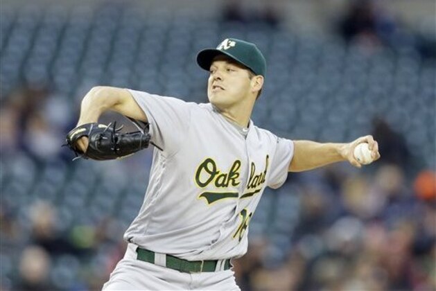 Oakland Athletics starting pitcher Rich Hill throws during the second inning of a baseball game against the Detroit Tigers, Tuesday, April 26, 2016, in Detroit. (AP Photo/Carlos Osorio)