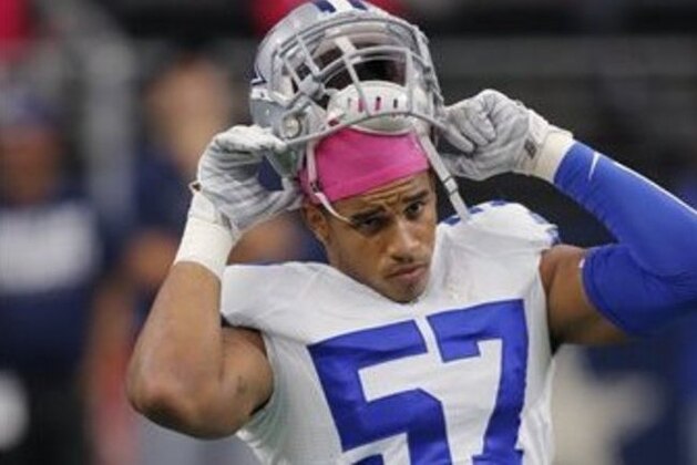 Dallas Cowboys' Damien Wilson (57) prepares before an NFL football game against the New England Patriots, Sunday, Oct. 11, 2015, in Arlington, Texas. (AP Photo/Brandon Wade)