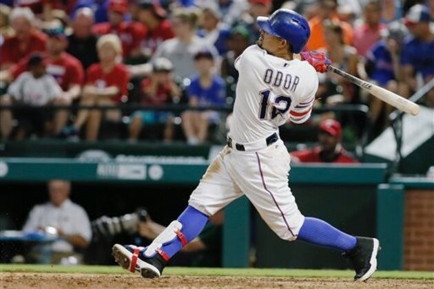 Texas Rangers' Rougned Odor watches his solo home run during the seventh inning of a baseball game against the Kansas City Royals on Friday, July 29, 2016, in Arlington, Texas. (AP Photo/Brandon Wade)
