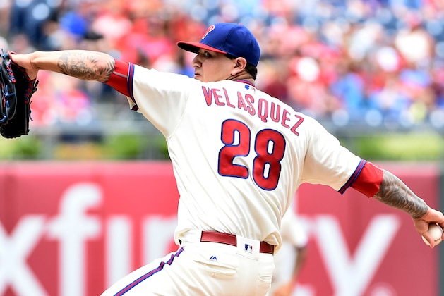 Jul 3, 2016; Philadelphia, PA, USA; Philadelphia Phillies starting pitcher Vince Velasquez (28) throws a pitch during the second inning against the Kansas City Royals at Citizens Bank Park. Mandatory Credit: Eric Hartline-USA TODAY Sports