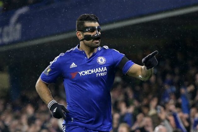 Chelsea's Diego Costa celebrates scoring his side's first goal during the English Premier League soccer match between Chelsea and Newcastle United at Stamford Bridge stadium in London, Saturday, Feb. 13, 2016.  (AP Photo/Matt Dunham)