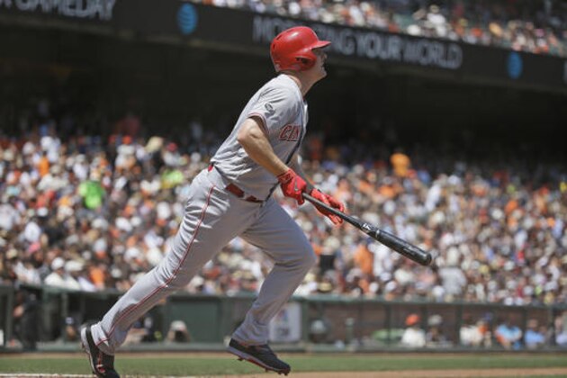 Cincinnati Reds' Jay Bruce hits a home run off San Francisco Giants starting pitcher Madison Bumgarner in the seventh inning of a baseball game Wednesday, July 27, 2016, in San Francisco. (AP Photo/Eric Risberg)