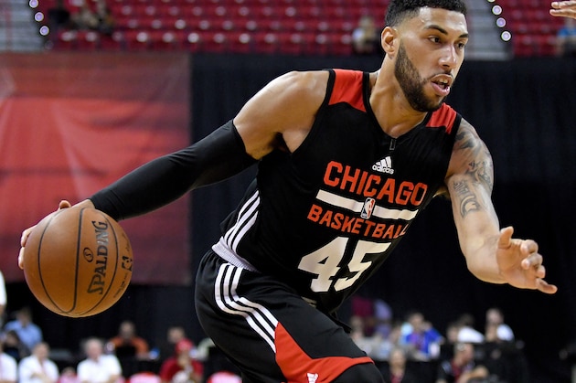 Jul 10, 2016; Las Vegas, NV, USA; Chicago Bulls guard Denzel Valentine drives with the ball during an NBA Summer League game against the Philadelphia 76ers at Thomas & Mack Center. Chicago won the game 83-70. Mandatory Credit: Stephen R. Sylvanie-USA TODAY Sports