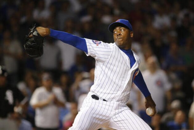Chicago Cubs relief pitcher Aroldis Chapman delivers during the ninth inning of a baseball game against the Chicago White Sox on Wednesday, July 27, 2016, in Chicago. The Cubs won 8-1. (AP Photo/Charles Rex Arbogast)