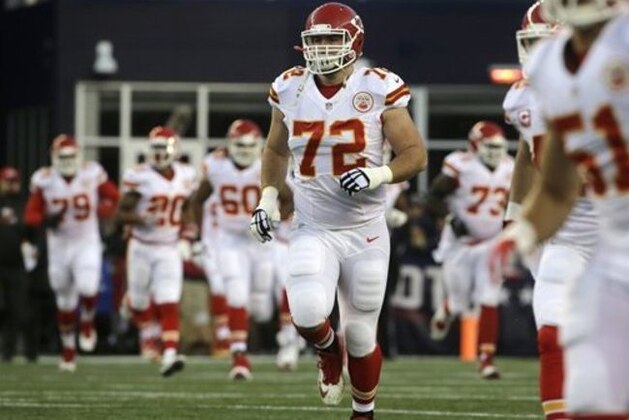 Kansas City Chiefs tackle Eric Fisher takes the field before an NFL divisional playoff football game against the New England Patriots, Saturday, Jan. 16, 2016, in Foxborough, Mass. (AP Photo/Steven Senne)