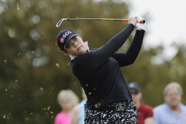 Ariya Jutanugarn, of Thailand, hits from the second tee during the final round of the LPGA Volvik Championship golf tournament at the Travis Pointe Country Club, Sunday, May 29, 2016 in Ann Arbor, Mich. (AP Photo/Jose Juarez)