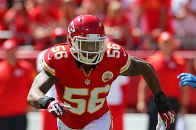 Kansas City Chiefs Derrick Johnson (56) pursues the ball carrier during an NFL game against the Tennessee Titans on Sunday Sept. 7, 2014 at Arrowhead Stadium in Kansas City, MO. (AP Photo/TUSP, Jay Biggerstaff)