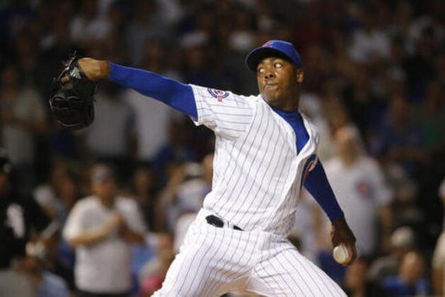 Chicago Cubs relief pitcher Aroldis Chapman delivers during the ninth inning of a baseball game against the Chicago White Sox on Wednesday, July 27, 2016, in Chicago. The Cubs won 8-1. (AP Photo/Charles Rex Arbogast)
