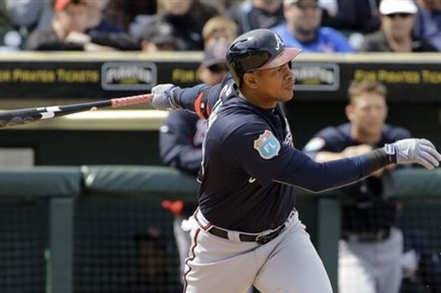 Atlanta Braves' Hector Olivera bats against the Pittsburgh Pirates during the sixth inning of a spring training baseball game Monday, March 21, 2016, in Bradenton, Fla. (AP Photo/Chris O'Meara)