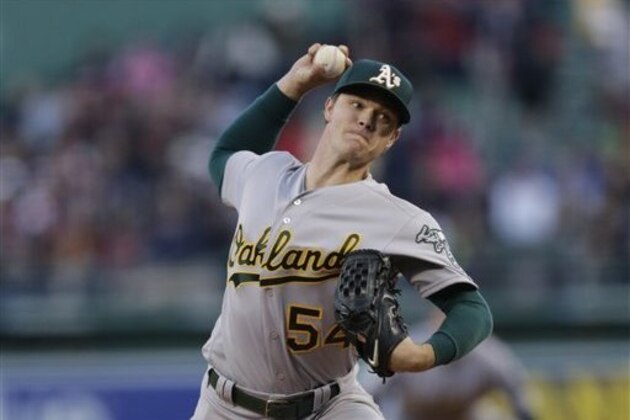 Oakland Athletics starting pitcher Sonny Gray delivers during the first inning of a baseball game at Fenway Park in Boston, Monday, May 9, 2016. (AP Photo/Charles Krupa)