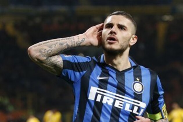 Inter Milan's Mauro Icardi celebrates after scoring his side's third goal during a Serie A soccer match between Inter Milan and Sampdoria, at the Milan San Siro stadium, Italy, Saturday, Feb. 20, 2016. (AP Photo/Antonio Calanni)