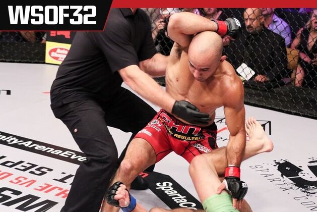 Referee Steve Newport stops Marlon Moraes from hitting Josh Hill at WSOF 32