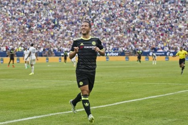 Chelsea midfielder Eden Hazard (10) celebrates his second goal scored in the second half of an International Champions Cup soccer match against Real Madrid, Saturday, July 30, 2016, in Ann Arbor, Mich. Real Madrid won 3-1. (AP Photo/Tony Ding)