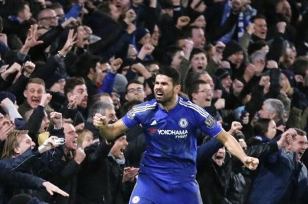 Chelsea's Diego Costa celebrates after scoring a goal during the English Premier League soccer match between Chelsea and Manchester United at Stamford Bridge stadium in London, Sunday, Feb. 7, 2016.  (AP Photo/Frank Augstein)