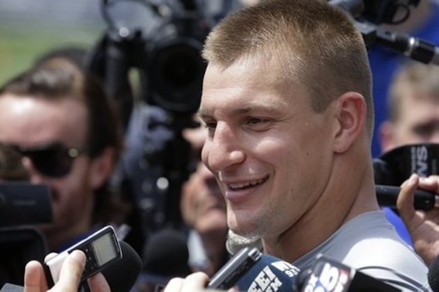 New England Patriots tight end Rob Gronkowski, speaks with reporters following an NFL football training camp practice Thursday, July 28, 2016, in Foxborough, Mass. (AP Photo/Steven Senne)