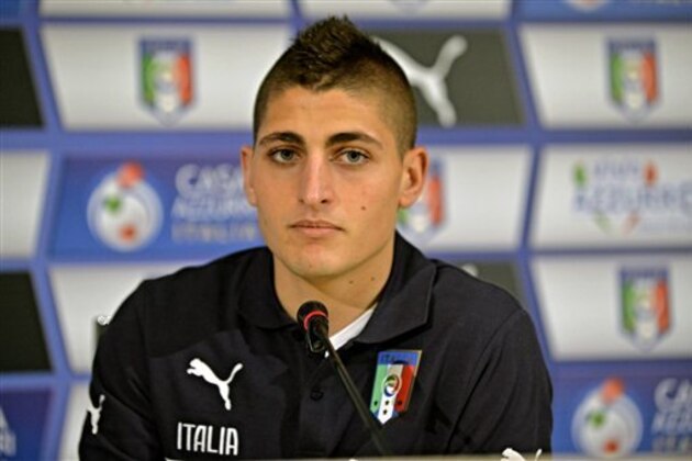 Midfielder  Marco Verratti, attends a press conference of the Italian national soccer team ahead of Saturday's Euro 2016, Group H qualifying soccer match against Bulgaria, at the Coverciano training center, near Florence, Italy, Wednesday, March 25, 2015. (AP Photo/Maurizio Degli Innocenti, Ansa)