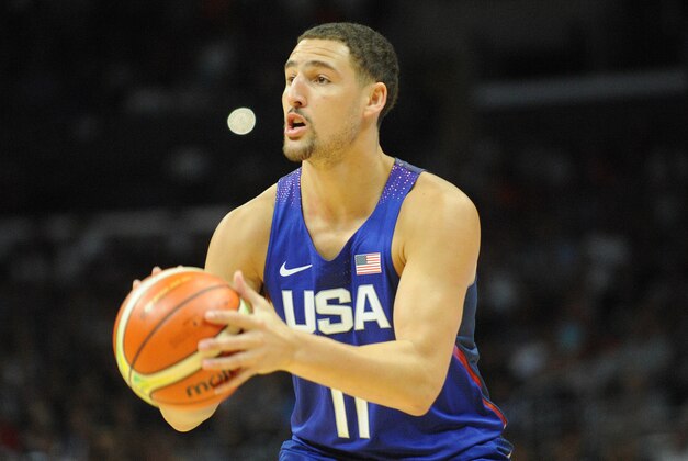 July 24, 2016; Los Angeles, CA, USA; USA guard Klay Thompson (11) shoots a basket against China in the first half during an exhibition basketball game at Staples Center. Mandatory Credit: Gary A. Vasquez-USA TODAY Sports