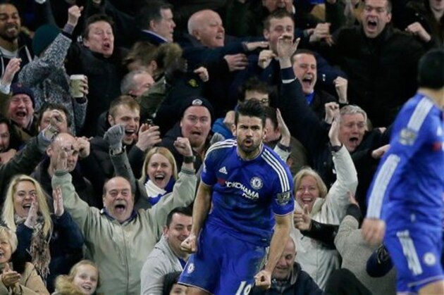 Chelsea's Diego Costa celebrates scoring his side's first goal during the English Premier League soccer match between Chelsea and Manchester United at Stamford Bridge stadium in London, Sunday, Feb. 7, 2016.  (AP Photo/Tim Ireland)