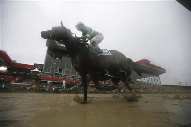 Exaggerator with Kent Desormeaux aboard wins the 141st Preakness Stakes horse race at Pimlico Race Course, Saturday, May 21, 2016, in Baltimore.(AP Photo/Matt Slocum)