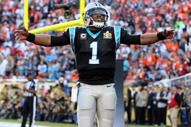 Feb 7, 2016; Santa Clara, CA, USA; Carolina Panthers quarterback Cam Newton (1) celebrates after a touchdown during the second quarter against the Denver Broncos in Super Bowl 50 at Levi's Stadium. Mandatory Credit: Matthew Emmons-USA TODAY Sports