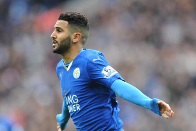 Leicesters Riyad Mahrez celebrates after scoring during he English Premier League soccer match between Leicester City and Swansea City at the King Power Stadium in Leicester, England, Sunday, April 24, 2016. (AP Photo/Rui Vieira)