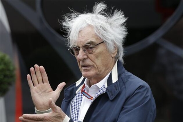Formula Ones' chief executive Bernie Ecclestone gestures at a paddock after the third free practice at the Silverstone racetrack, Silverstone, England, Saturday, July 9, 2016. The British Formula One Grand Prix will be held on Sunday July 10. (AP Photo/Luca Bruno)