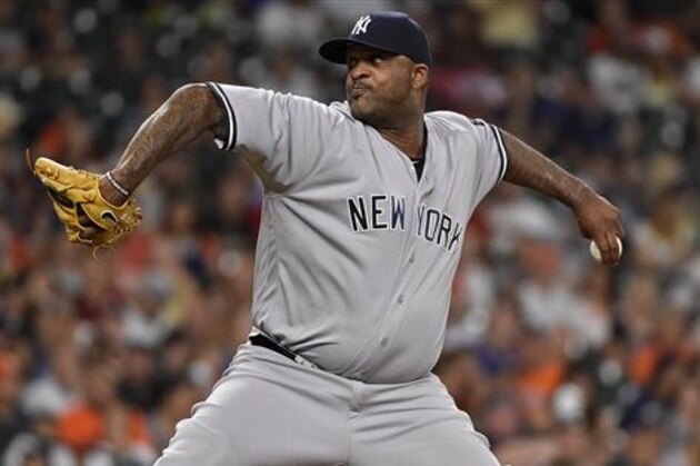 CC Sabathia, de los Yanquis de Nueva York, hace un lanzamiento en la tercera entrada del encuentro disputado el martes 26 de julio de 2016, ante los Astros de Houston (AP Foto/Eric Christian Smith)