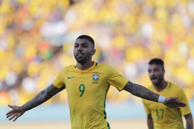 Brazil's Gabriel Barbosa celebrates scoring his side's first goal during the friendly soccer match against Japan, in preparation for 2016 Summer Olympic Games, in Goiania, Brazil, Saturday, July, 30, 2016. (AP Photo/Eraldo Peres) Brazil's Gabriel Barbosa celebrates scoring his side's first goal during the friendly soccer match against Japan, in preparation for 2016 Summer Olympic Games, in Goiania, Brazil, Saturday, July, 30, 2016. (AP Photo/Eraldo Peres)