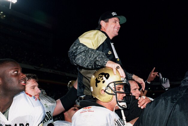 2 JAN 1995:  COLORADO HEAD COACH BILL MCCARTNEY IS CARRIED OFF THE FIELD AFTER HIS TEAM DEFEATED NOTRE DAME 41-24 IN THE FIESTA BOWL AT SUN DEVIL STADIUM IN TEMPE, ARIZONA.  Mandatory Credit: Otto Greule/ALLSPORT